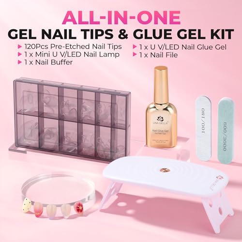 Image of UNA GELLA Extra Short Almond Nail Tips Kit, 120Pcs Nail Tips With Gel Glue | Non-rechargeable Mini LED Nail Lamp for Nails Extension DIY Salon at Home 12 Sizes
