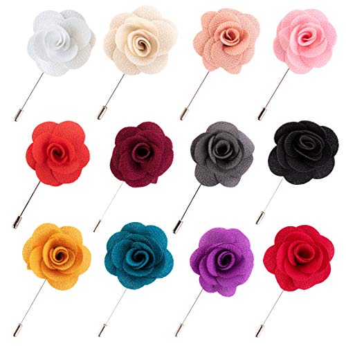 Lapel Pins for Men Flower Pin Rose for Wedding Boutonniere Stick Boutineers (Set of 12 PINS)