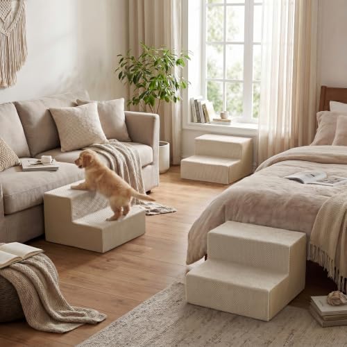 Image of YENING Large Dog Stairs for High Beds - Extra Wide Pet Steps for Large Dogs to Get on Tall Bed 3 Deep Step Cat Ramp for Couch 2 Steps Beige