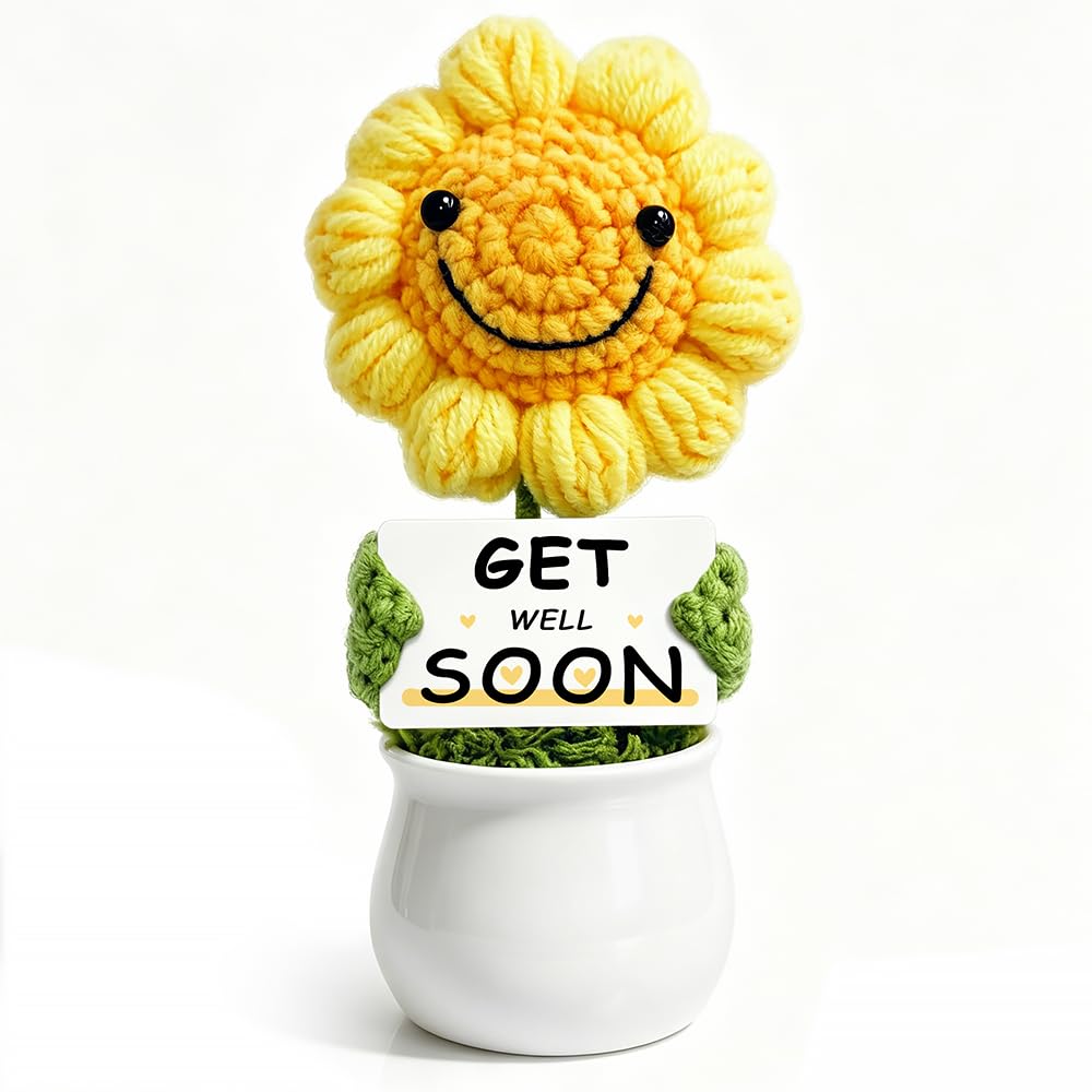 Get Well Soon Gifts - Handmade Crochet Sunflower with Positive Messages, Crochet Emotional Support Buddies for Surgery Recovery & Healing | Cheer-Up Present for Women, Men, Kids, Friend of All Ages