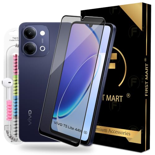 Image of FIRST MART Matte Anti-Glare Tempered Glass for Vivo T5 Lite With Installation Kit | Military-Grade Gaming Screen Protector & Cable Guard | Edge to Edge Coverage | Black