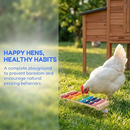 Image of Little World Chicken Toys Complete Set of 12 - All-in-One Chicken Coop Accessories with Xylophone, Swing, Chicken Mirror, Ladder, Vegetable String Bag & Hanging Feeder Coop Toy for Happy Hens