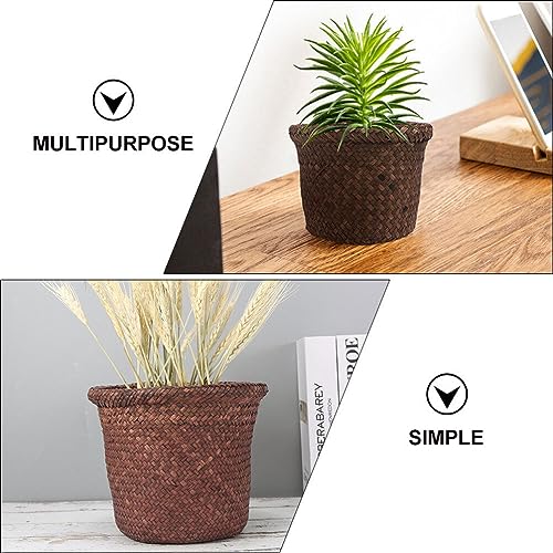 Image of HEMOTON Seagrass Waste Basket Boho Woven Trash Can Garbage Container Bin Wicker Rattan Laundry Hamper Plant Pot Storage Basket for Bathroom Kitchen Home Office 15X15X12CM