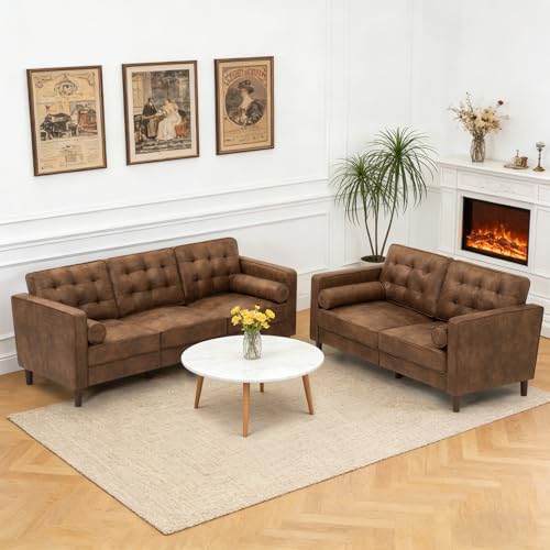 Image of 2 Pieces Suede Leather Sofa Set with Bolster Pillows, Brown | Tufted 3-seat Sofa and Loveseat Couch with Wooden Legs, Upholstered Living Room Set for Living Room, Office