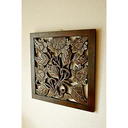 Amazon アジアン雑貨 バリ雑貨 バリ島のウッドレリーフ 40 40 ロータス額縁 ゴールド ブラウン 壁掛け レリーフ オブジェ 木製 Yayapapus ヤヤパプス 置物 オブジェ 通販