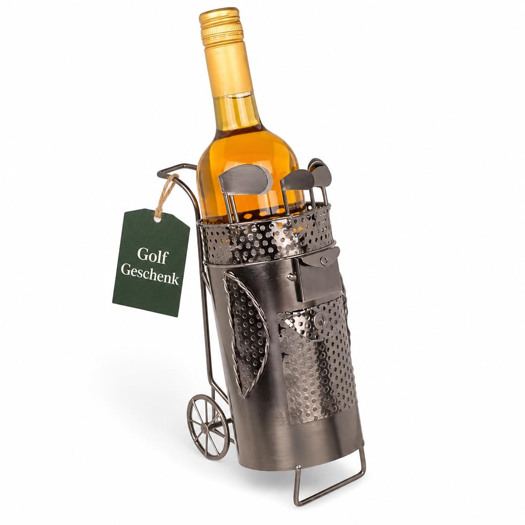 MIJOMA Porte-bouteille de vin sac de golf en métal - Porte-vin décoratif pour 1 bouteille - Fait à la main - Cadeau de golf - Porte-bouteille original pour vin, fer, 13 x 10 x 25 cm