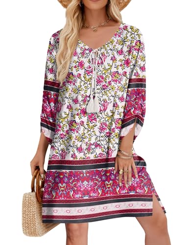 Image of Zeagoo Womens Boho Dresses Casual Beach Summer Dress Tassel Tie Neck 3 /4 Long Sleeve Mini Sundress 2026 Floral Print Cover Up