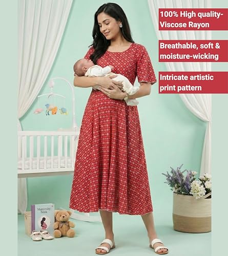 Image of DUMMY SHAPE Maternity Dresses for Women Cotton | Floral Anarkali Flare Kurta with Dual Nursing Zippers | Pre & Post Pregnancy | Feeding Kurtis | Baby Shower | Mom to Be Gifts for Pregnant Women