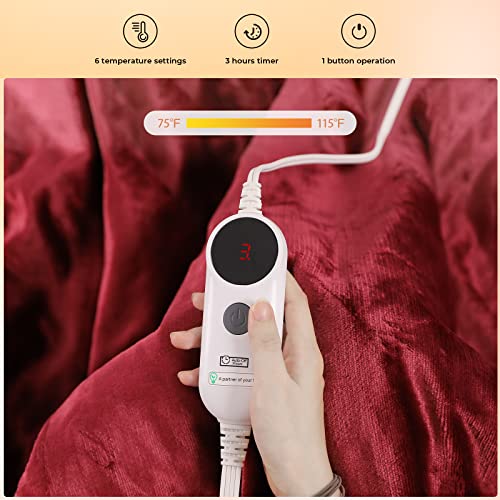 Electric Heated Blanket Throw 50"X 60", Double-Layer Flannel Electric Blanket Heated Throw With 6 Heating Levels, 3 Hours Auto-Off, Machine Washable, Etl & Ul Certified, Red, Great Mother Gifts #TOP1