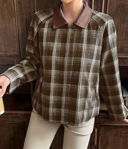 Tankaneo Womens Cropped Jackets Plaid Zip Up Lightweight Utility Coat Casual Short Barn Jacket with Pockets4