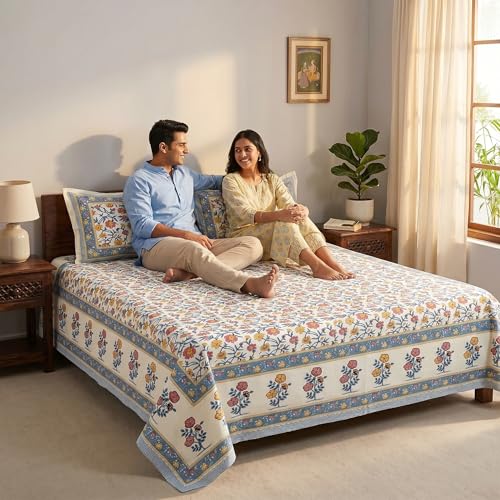 Image of Mafatlal 144 TC Heritage 100% Cotton Bedsheet for Double Bed & Queen Size Bed with 2 Pillow Covers(90x108 inches), Jaipuri Rajasthani Design, Extra Soft & Wrinkle Free| Vivid Multicolor