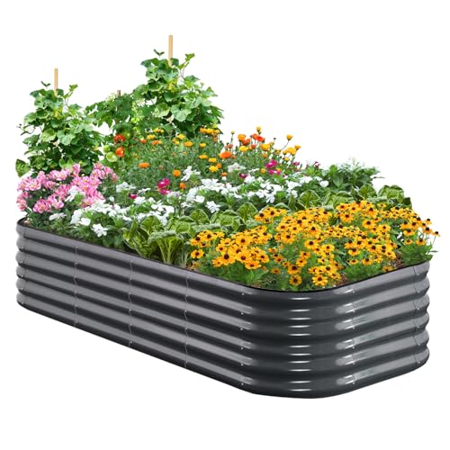 Quictent Galvanized Raised Garden Bed Kit, 6x3x1.5 ft Oval Metal Planter Box Tall for Vegetables Outdoor Backyard, Rubber Strip Edging Included, Dark Gray 6x3x1.5 ft Dark Grey