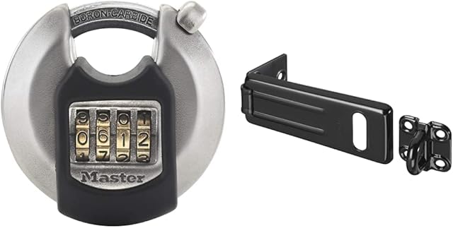MASTER LOCK Heavy Duty Disc Padlock M40EURDNUM - Best Used for Storage Units, Sheds, Garages, Trailers and More & 704EURDBLK Outdoor Door Padlock Hasp, Black, 11 x 4.4 cm