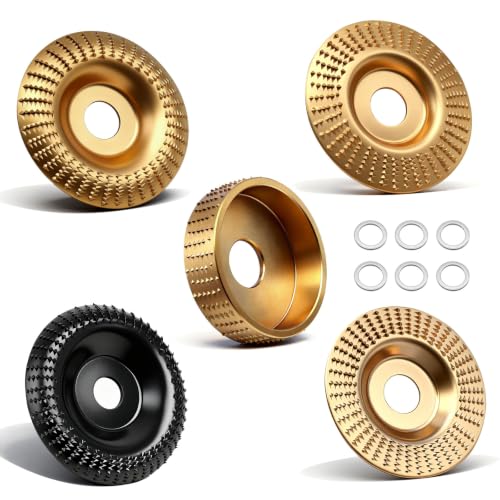 Seamaka 5PCS Angle Grinder Wood Carving Disc Set for 4 or 4 1/2 Angle Grinder with 5/8 Arbor Wood Shaper Carving Disc for Cutting Grinding Shaping and Sanding