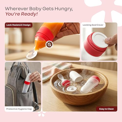 Image of R for Rabbit First Feed Food Feeder for Kids, 90ml Capacity, Premium Soft Silicone Spoon Food Grade BPA Free Material for Kids of 12+ Months (Red)