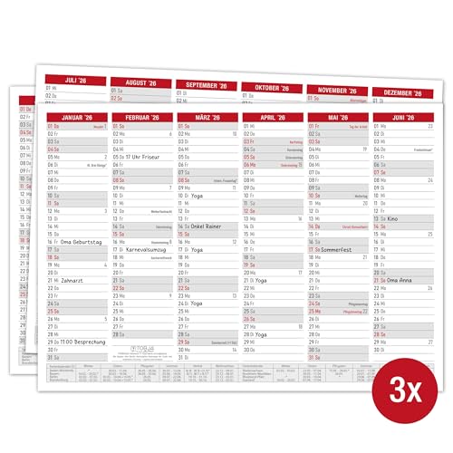 Tafelkalender 2026 A4 - Kalender 2026 'Rot' mit Ferien & Feiertagen | Wandkalender, Jahreskalender 2026 DIN A4 als Jahresplaner | Blattkalender 12 Monate auf Vorder- und Rückseite (3 Stück Papier)