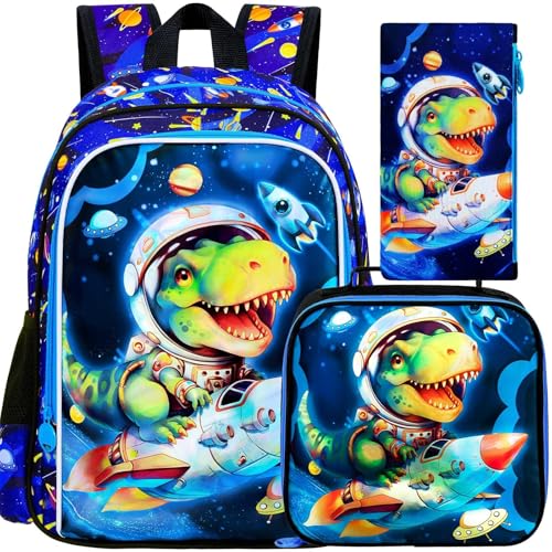 Image of UFNDC 3PCS Dinosaur Backpack for Boys, Kids Space Bookbag with Lunch Box, 16 inch Water Resistant Rocket School Bag for Elementary Preschool Toddler