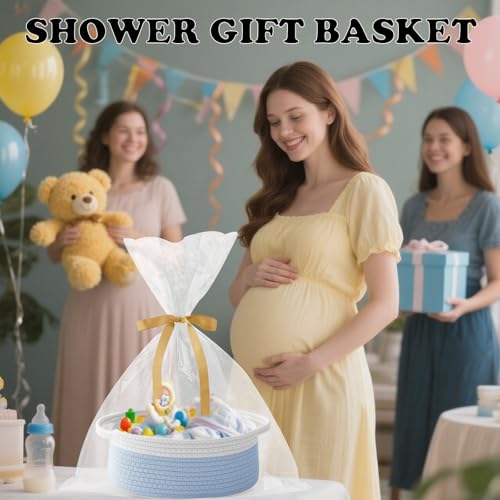 Image of Woven Rope Basket - Baby Gift Basket with Bag & Ribbon, White&Blue