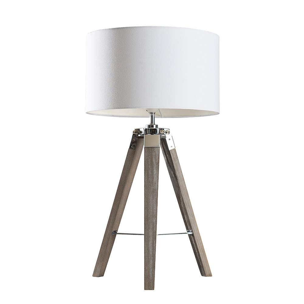 MiniSun | Modern Light Wood and Chrome Tripod Table Lamp with a White Drum Shade | Table Lamps, Home Décor & Improvement Essential | Includes Bulb [3000K Warm White]
