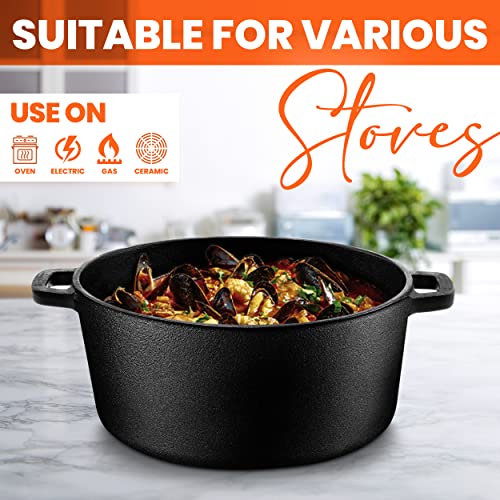 KICHLY 2 in 1 Cast Iron Dutch Oven with Dual Purpose Lid – 4.73 litre Cast Iron Pot with 27 cm Griddle Pan – Pre-seasoned Casserole Dish with Lid, Black - Image 6
