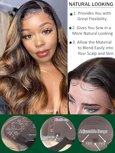 Image of KLAIYI Ombre Brown Body Wave Lace Front Wigs Human Hair Highlight Balayage 13x4x1 T Part Ear to Ear Lace Wig Pre Plucked with Baby Hair Easy to Wear and Go Wigs for Black Women Natural Hairline 20Inch