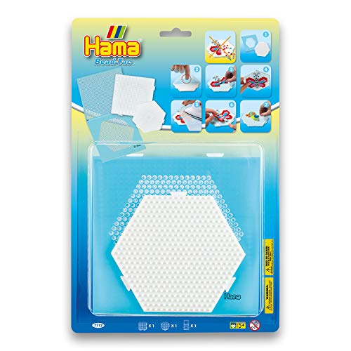 Hama Perlen 7712 Pin Plates Set of 2 for Midi Ironing Beads with Diameter 5 mm, Motifs Square and Hexagon in White, Includes Adhesive Foil Bead Tac, Craft Fun for Young and Children