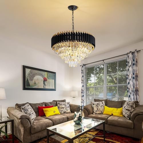 Image of Luxurious 500mm Black Gold Modern Chandelier with K9 Crystals | Warm White, Moonlight & Golden Light | Ceiling Hanging Light for Living Room, Dining Room, Bedroom, Hallway