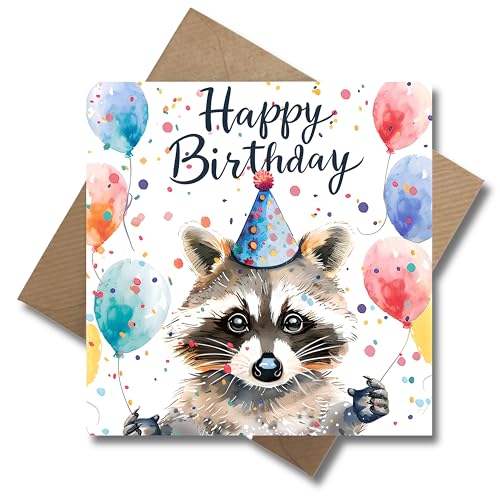 WBdesignz Happy Birthday Waschbär Karte zum Geburtstag - Geburtstagskarte Racoon Geschenk Glückwunschkarte Geburtstag (125 x 125 mm)