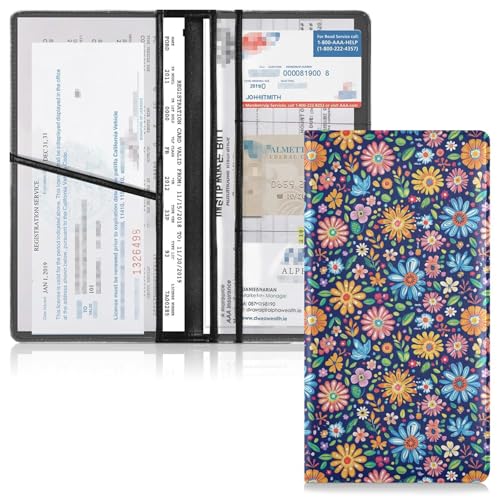 GuoChe Premium Leather Auto Registration Insurance & ID Card Holder Men Women Wallet Accessories Case for Documents, Cards, License Colorful Flowers Blue