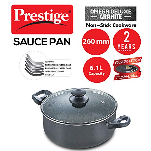 Image of Prestige Omega Deluxe Granite Sauce Pan with Lid, 26cm & Prestige Aluminium Omega Deluxe Granite Kadhai, 24 cm, Black