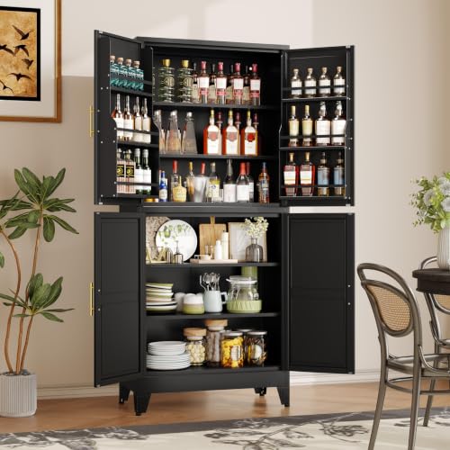 Image of GAIOUS 74.8 inch Tall Metal Food Cabinet, Black Kitchen Pantry Cabinet Cupboard | Food Storage, Kitchen Organizer, Storage Cabinet with 4 Door and 4 Adjustable Shelves, Steel Freestanding, for Dining Living