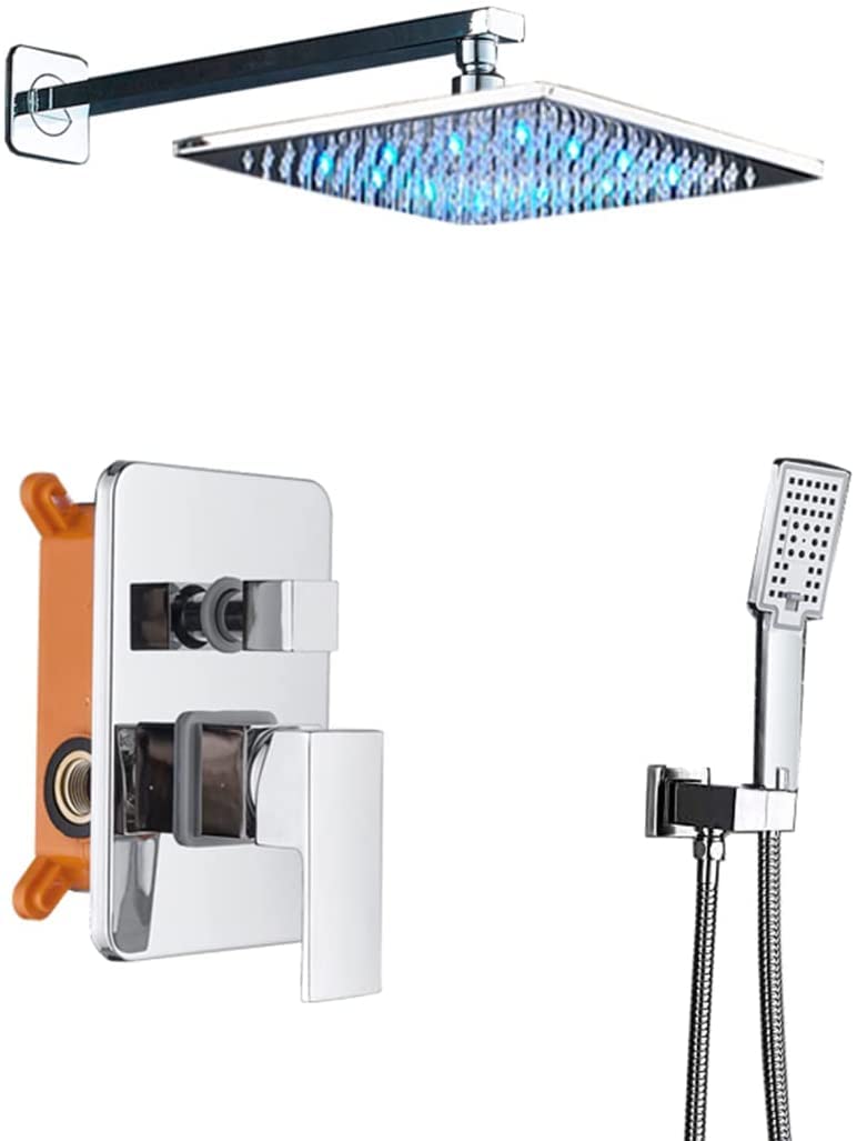 SWENEEN Luxury Chrome Shower System With Hidden Faucet Adjustable Handheld & Led Rainfall Showerhead Advanced Air Injection Technology 12-Inch Poles For Ultimate Spa Experience,12 Inch