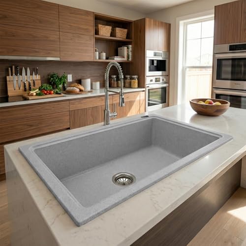 Image of JAYKO Quartz Acrylic Kitchen Sink for Modular Kitchen | Granite Finish, Scratch & Heat Resistant | Easy to Clean & Stylish Sink for Home (BR, 32x20in)