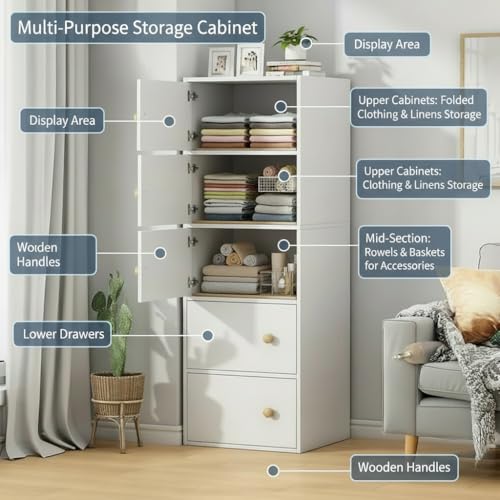 Image of EXVITO 2 Door Premium Wooden Multi-Door Wardrobe Cabinet with Shelves | Space Saving Clothes Organizer Almirah for Kitchen,Home Office | Sun Protection with Anti-Slip Handle - Maple (White, 5 Door)