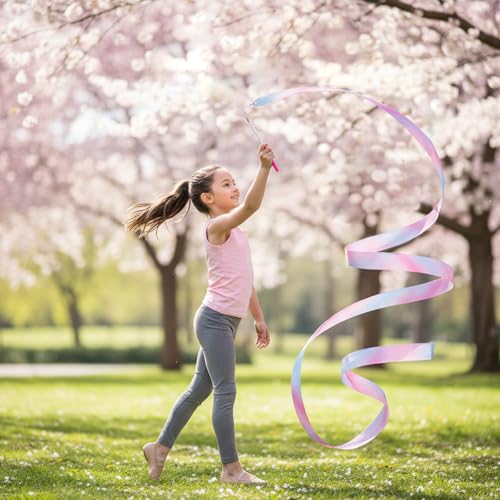 Image of YGEOMER 2Pcs Dance Ribbons for Kids, 1 Neon Rainbow Gradient & 1 Sparkling Pink & Blue Gymnastics Ribbon Wands, Ballet Party Favors for Girls, Birthday Performance Props