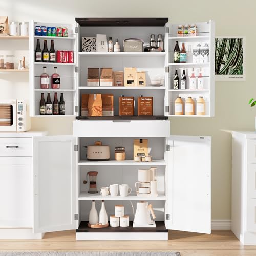 GRUSIGN 72' Kitchen Pantry Storage Cabinet with Doors and Shelves, Wood Farmhouse Pantry Storage...