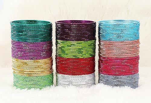 Image of NMII Stylish Multi colour Metal Bangles set for women and Girls with Zari and Cutting Design | Fancy Multicolour Bangles for women | Metal Chudi Set For Women | Women's Bangles