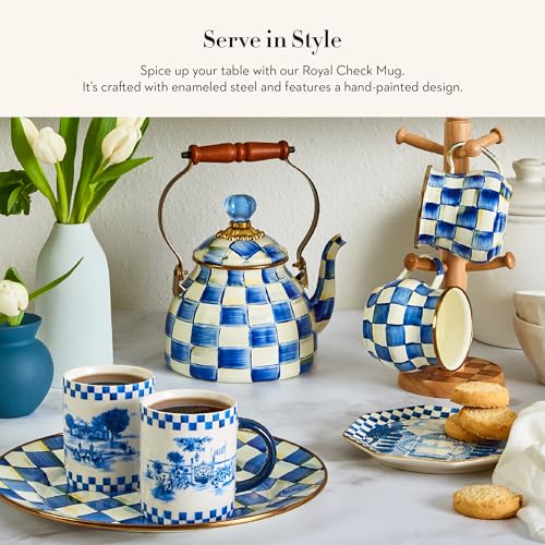 Image of MACKENZIE-CHILDS Enamel Mug, Cute Enamelware Coffee and Tea Mug, Unique Drinkware, 16 Ounces, Blue-and-White Royal Check, Set of 4
