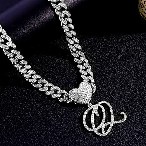 Cursive Silver Initial Pendant Necklaces Alphabet Pendant Miami Cuban Link Chain Necklace for women Hip Hop Iced Out Letter Chain with Pendant Jewelry …3