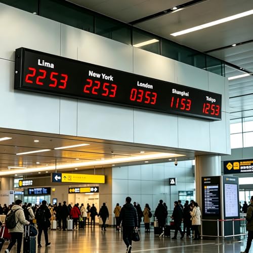 MazmornFly Horloge Mondiale Numérique LED Multi-fuseaux Horaires, Horloge Murale Internationale 5 Villes, Grand Affichage Clair, Idéale pour Hôtels, Bureaux...