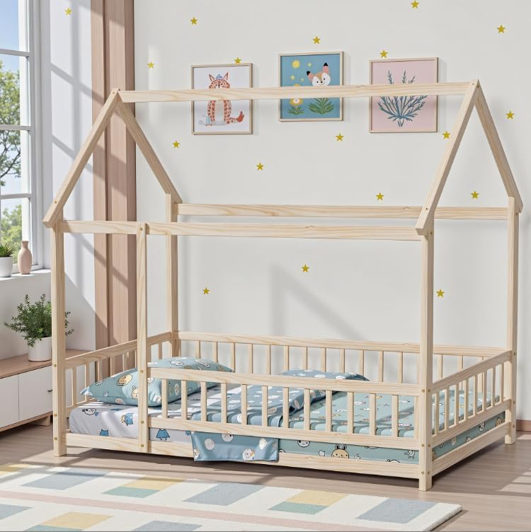 LLS Marco de cama Montessori individual, cama de madera con valla y techo, cama de piso para dormitorio de niños y niñas, natural