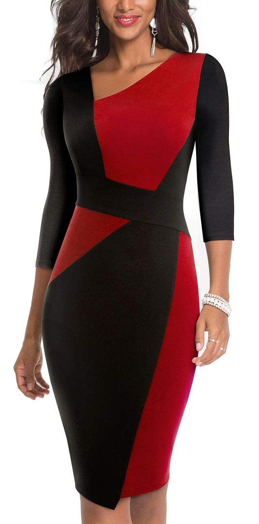HOMEYEE Women Vintage Contrast Color Patchwork Office Pencil Work Business Dress B517