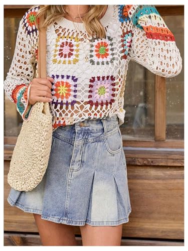 Verdusa Women's Hollow Out Pullover Sweaters Y2k Vacation Colorful Flare Sleeve Crochet Knit Tops4