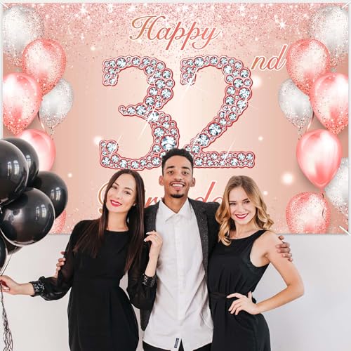 Image of Happy 32nd Birthday Rose Gold Banner Cheers to 32 Years Old Backdrop Confetti Balloons Theme Decor for Women 32 Years Old Pink Birthday Party Decorations Bday Supplies Background Favors Gift Glitter