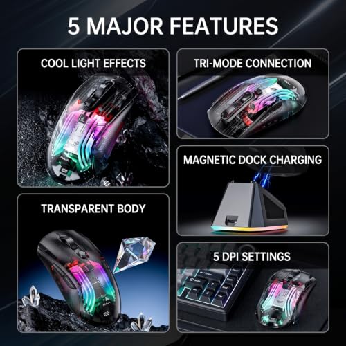 Image of RGB Magnetic Charging Dock Gaming Mouse, 12K DPI, PAW3311 Sensor, Tri-Mode Wireless, 6 Programmable Buttons, Ultra-Light 72g for PC /Mac (Black- Transparent)