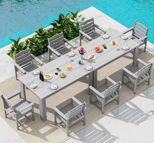 Image of SERWALL 59 inch Outdoor Dining Set for 8, Light Gray | Include 2 Rectangular Tables and 8 Armrest Chairs, All Weather Dining Sets for Garden, Backyard