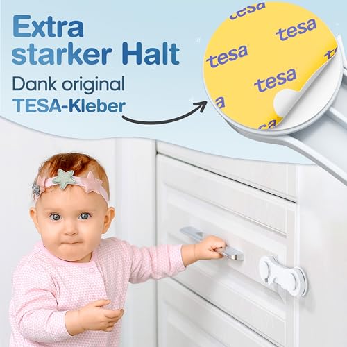 MUTKIND® 12 Stück Kindersicherung Schrank (Mit Kleber von TESA) - Extra Starker Halt - Schranksicherung Baby - Schubladensicherung für Schränke, Kühlschrank, Türen - Kindersicherung Schubladen Weiß
