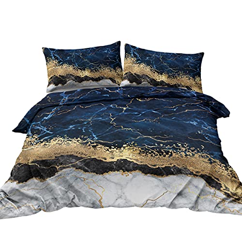 BlessLiving Juego de funda de edredón y funda de edredón de mármol blanco dorado y azul marino con diseño impreso a la moda para cama individual, 1 funda de edredón y 2 fundas de almohada