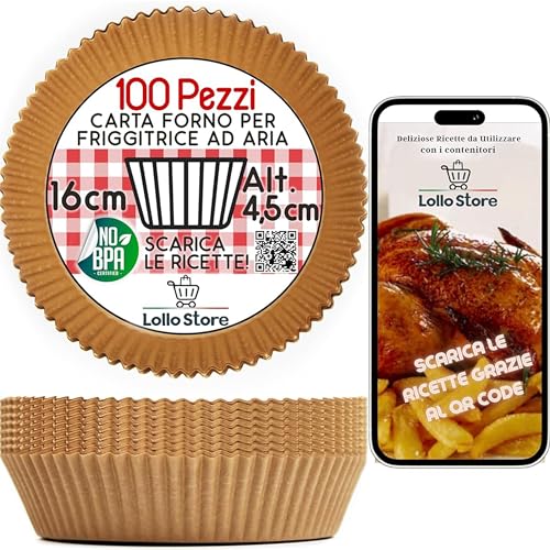 100 Pz Carta Forno Friggitrice ad Aria 16 cm – Antiaderente, Monouso, Resistente fino a 220 °C – Liner Rotondi per Air Fryer e Forno – Carta Alimentare con Ricettario Digitale