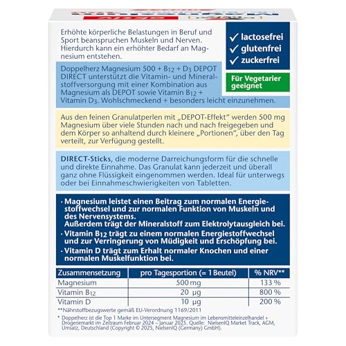 Doppelherz Magnesium 500 + B12 + D3 DIRECT mit DEPOT-Funktion - Magnesium als Beitrag für die normale Funktion der Muskeln und des Nervensystems - 20 Portionen Micro-Pellets – Bild 3